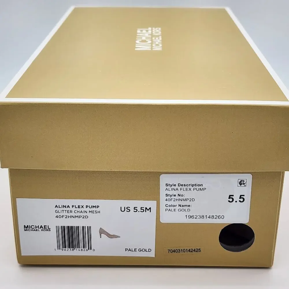 NEW Michael Kors Alina Flex Pump Pale Gold Glitter Chain Mesh Heels Size 5.5M